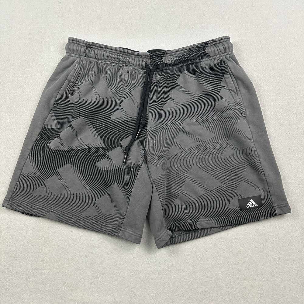 Adidas Shorts Men 2XL Gray Logo All Over Print Sweatshorts Drawstring Pocket XXL